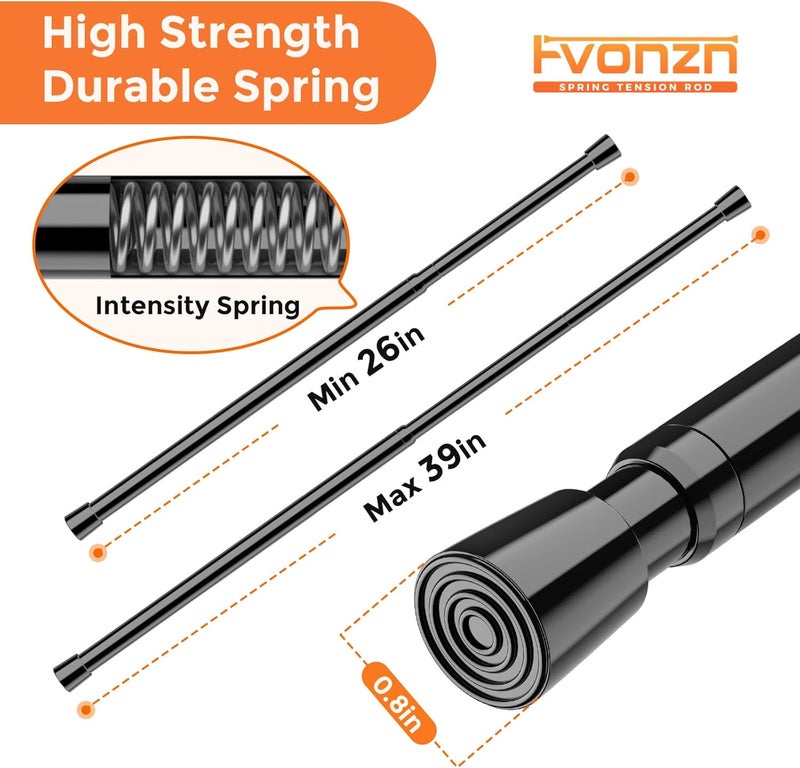 fvonzn FVONZON Tension Curtain Rod Black Spring Tension Curtain Rods 26-39 inch 3Pack Adjustable Spring Rods Extendable Tension Rod For Closet, Window, Kitchen,Bookshelf,Bathroom - Image 2